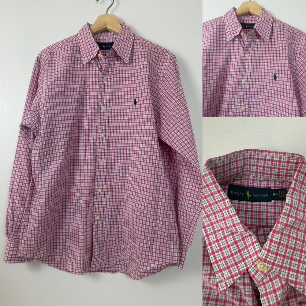 READ Ralph Lauren Mens Pony Pink Plaid Button Down Shirt Long Sleeve‎ Top M